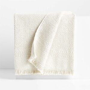 Crate & Barrel Weekend Artic Ivory Fringe Throw Blanket - Organic Cotton 70x55